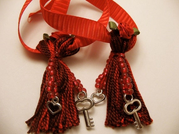 Pair of Red Beaded Love Tassels Matching Red Beaded Love Tassels with Keys and Hearts