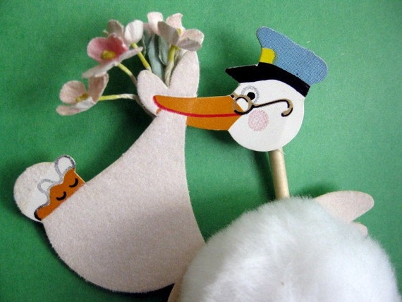 9 Vintage STORK BABY SHOWER decorations 1950s