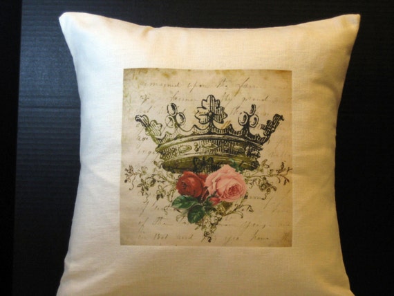 Pillow Cover 16 Inch Elegant Crown with Pink and Red Roses, Shabby Chic and Beautiful