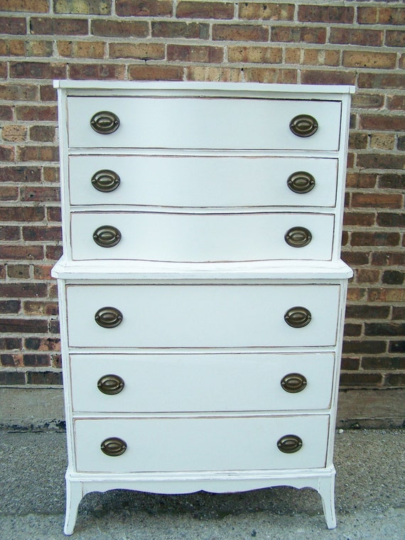 Antique Distressed Highboy Dresser In White Linen RESERVED