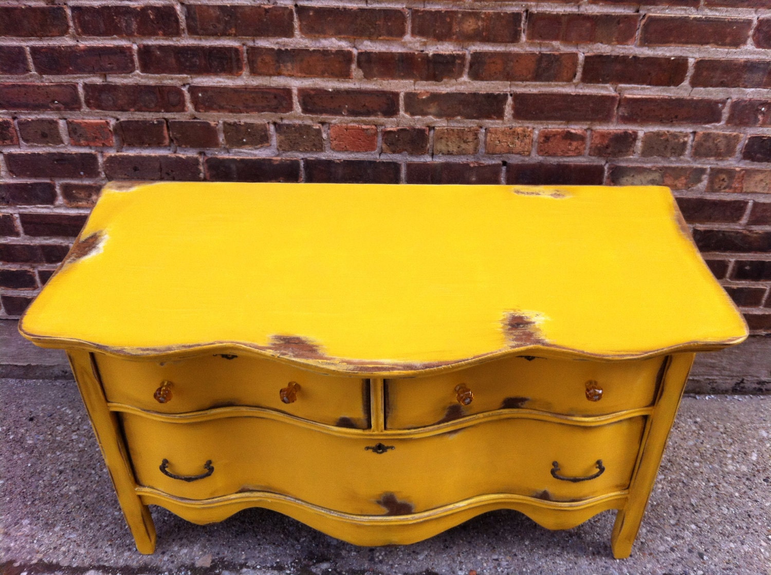 Vintage Distressed Lowboy Dresser In Mustard Yellow