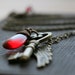 Winged Key Necklace, Angel Wing Key Necklace, Antique Brass Wing and Key Necklace, Red Glass Necklace - Angel