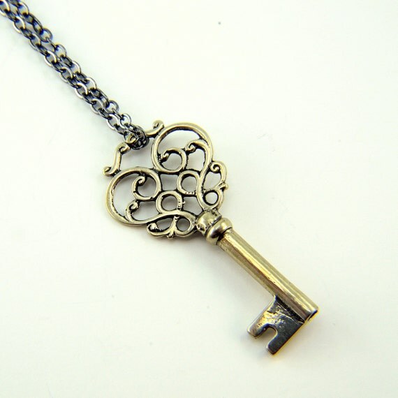 Two for One Sale....Skeleton Key Necklace Solid Silver White