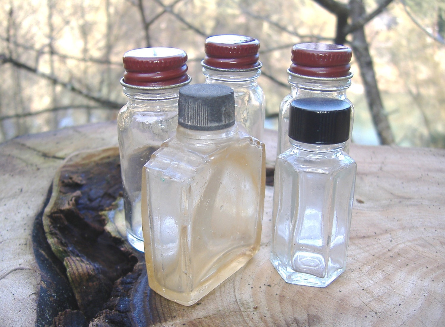 5 Small Old Glass Bottles . . . Screwon Lids