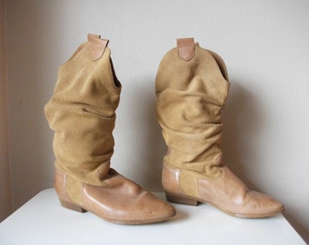 Tan 80s Slouch Boots, Size 6