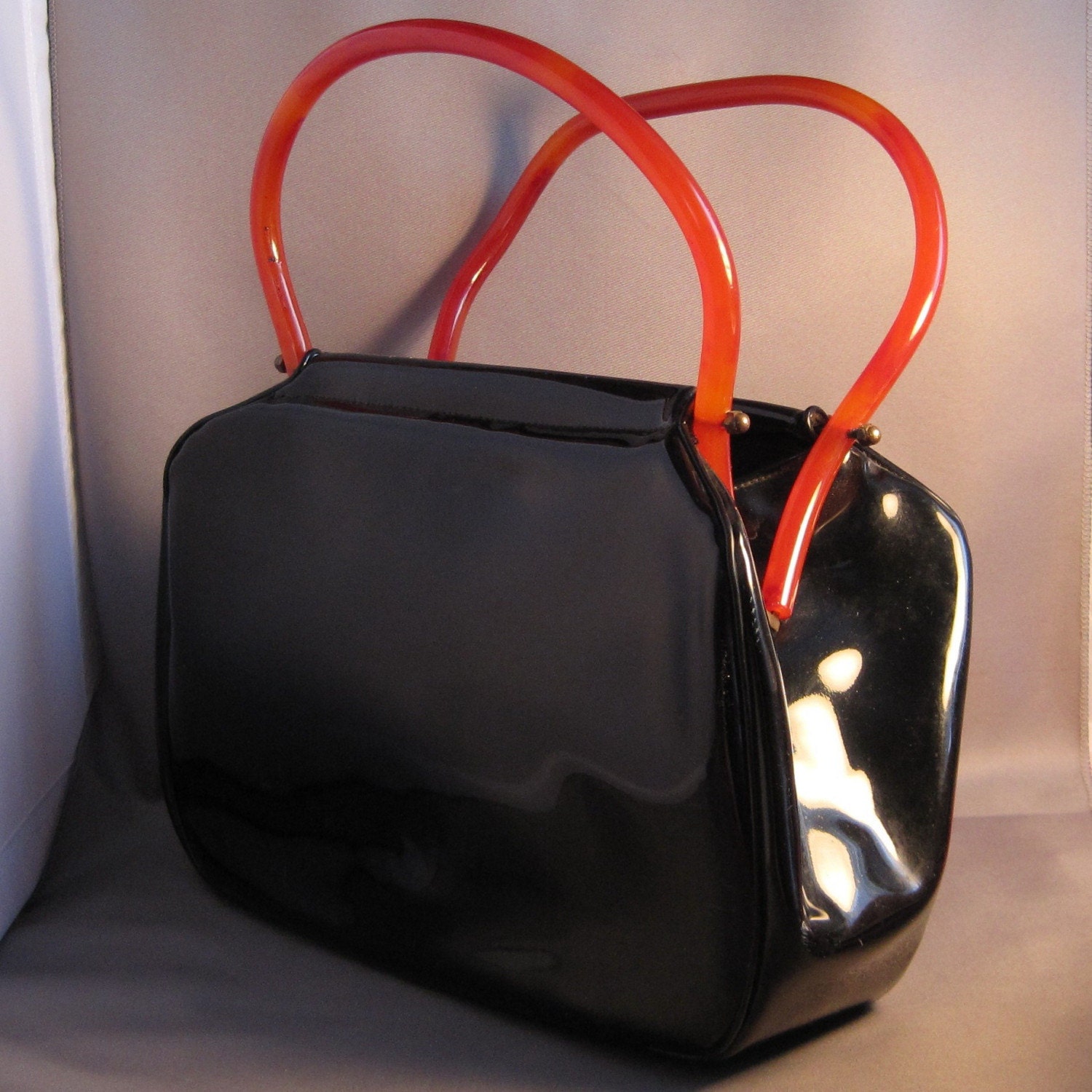 Black Patent Leather Handbag with Faux Amber Handles Purse Bag