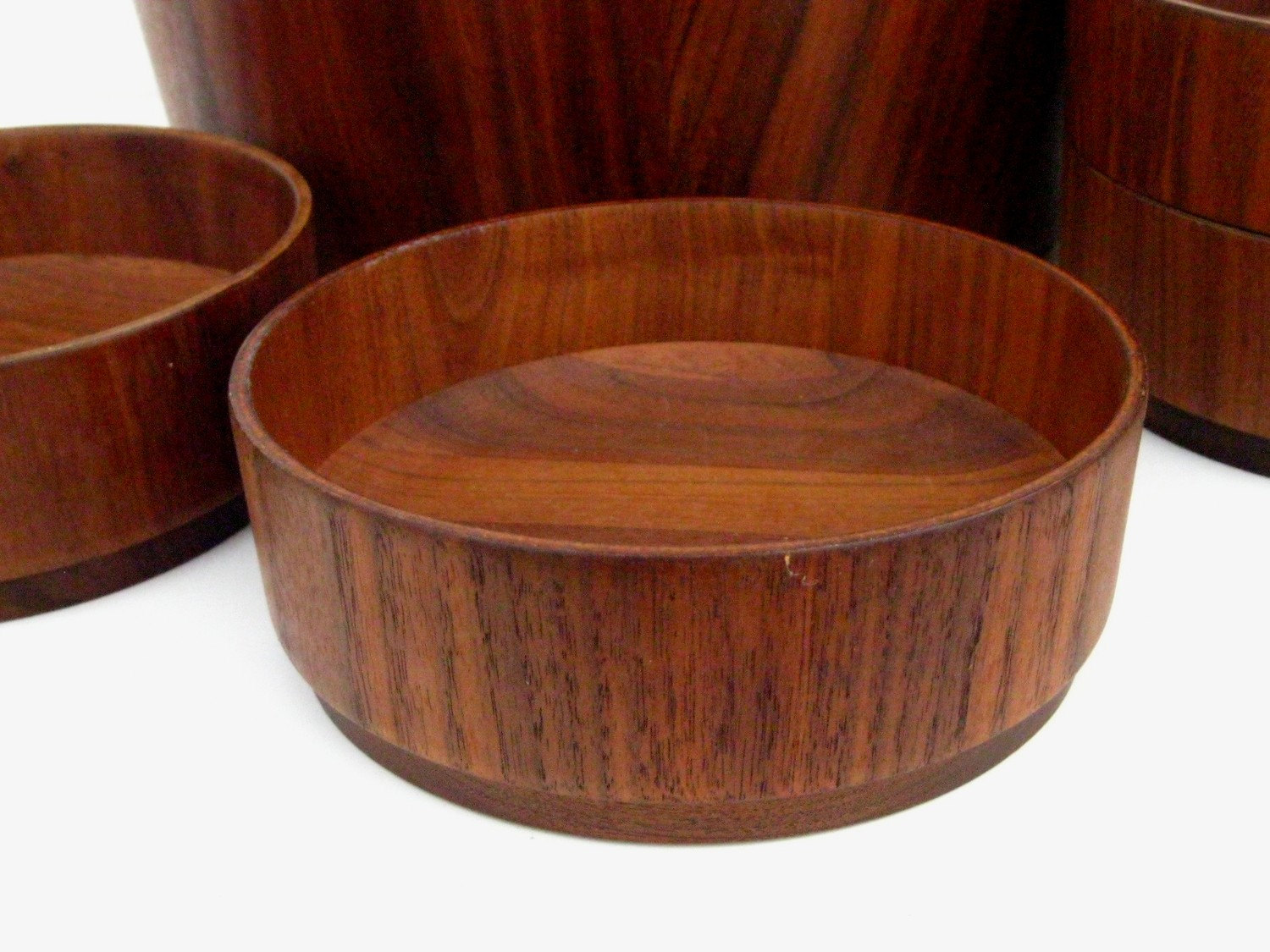 Vintage Mid Century Modern Wood Wooden Salad Bowl Set 7 Pieces