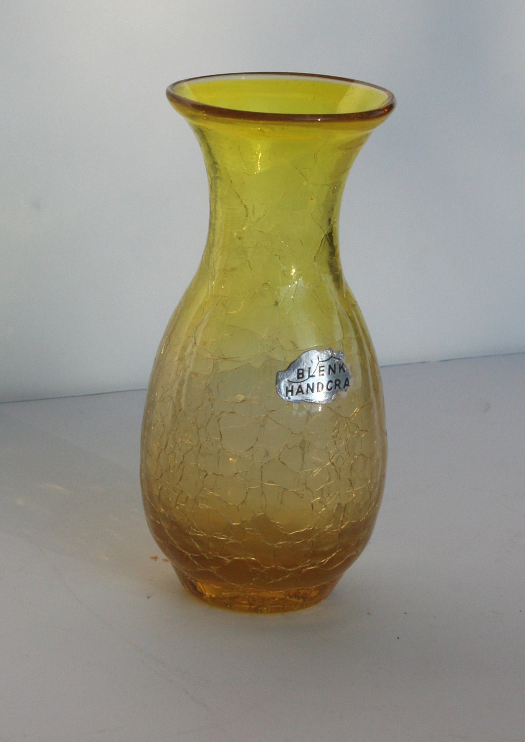Vintage Blenko Lemon Yellow Crackle Glass Miniature Vase with