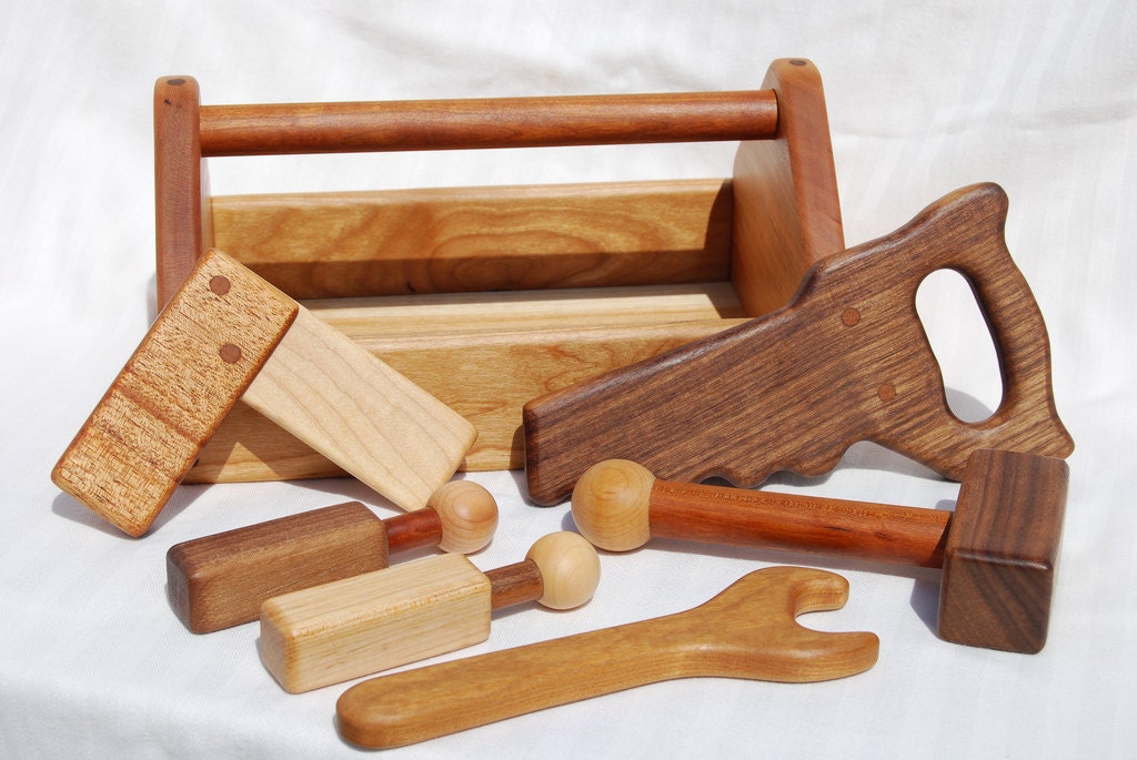 Heirloom Children s Wooden Toy Tool Set with Toolbox all