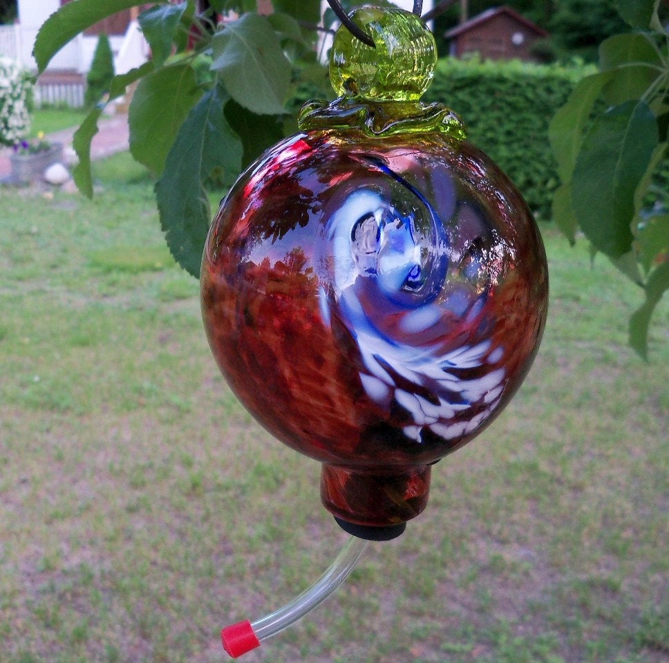 Hand Blown Art Glass Hummingbird Feeder
