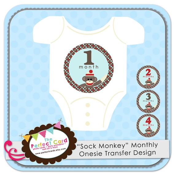 Sock Monkey Monthly Onesie Iron On Design Months 112