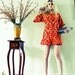 RESERVED for annie, Orange and Red Damask Shift Dress, Hand dyed, Ruffle Hem,