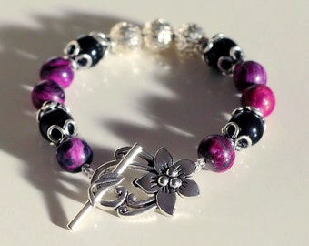 Purple Flower Bracelet, Flower Clasp, Purple Jasper Beads, Black Pearls ...