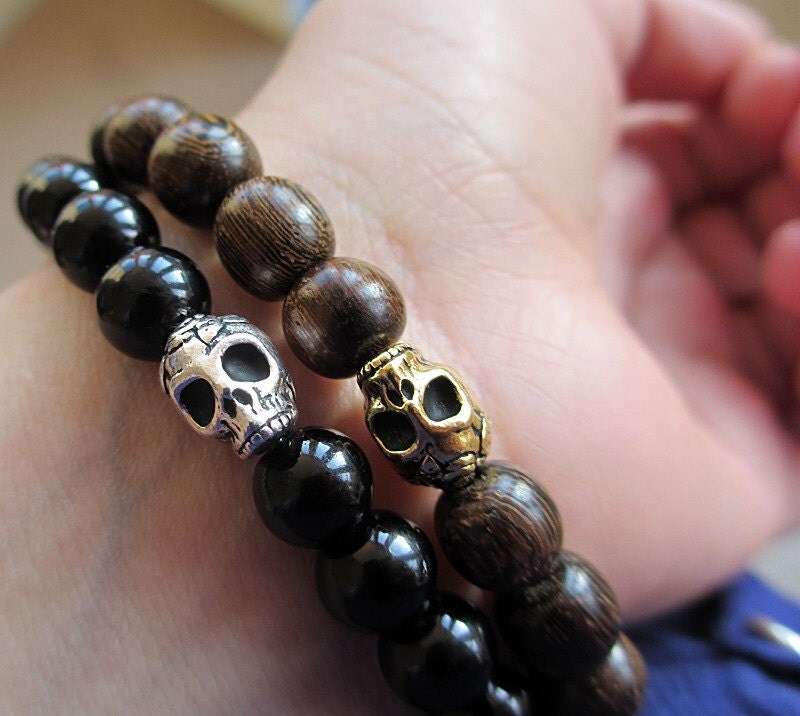Skull Beaded Bracelet Wood Beaded Bracelet Skull Mens Skull