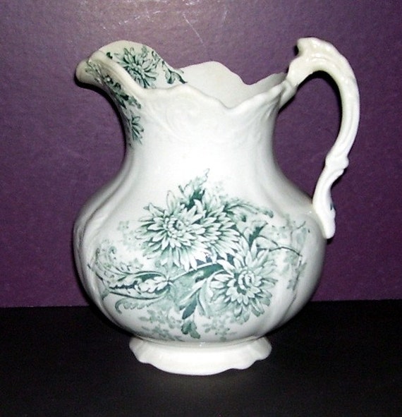 Antique Buffalo Pottery Chrysamthemum Water Pitcher Green And