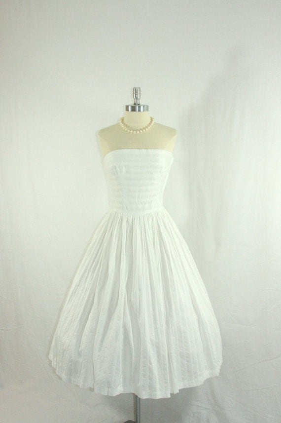 1950s Dress Strapless White Cotton Full Skirt Summer Wedding