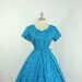 1950s Large Dress - Vintage Blue Cotton Floral Print with Rhinestones - Full Skirt Garden Party Frock