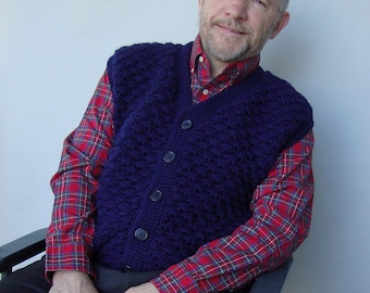 Men's Wool Vest, Vests, Men's Sweater Vest, Navy Blue Vest, Crochet Sweater, V-Neck Sweater, Grandpa Gift, Gift for Him, Available in L