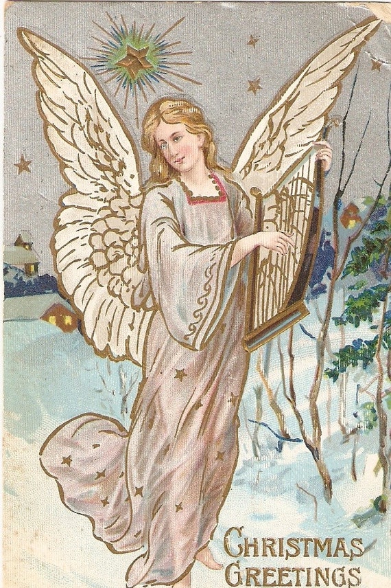 VINTAGE CHRISTMAS ANGEL WITH HARP GREETING by THEPOSTCARDSHOP