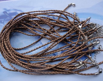 15pcs 17-19 inch adjustable 3mm coffee faux braided leather necklace cord