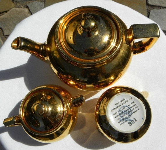 Vintage Hall China Golden Glo Teapot Creamer and Sugar Bowl