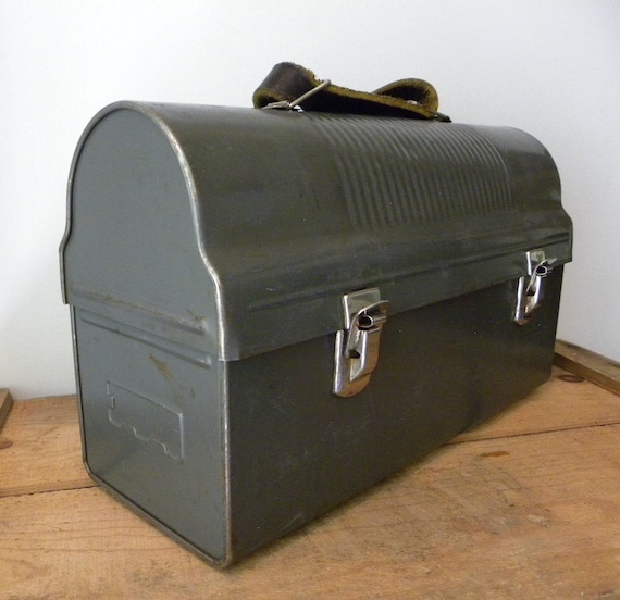 Vintage Gun Metal Work Lunch Box Pail with Leather strap