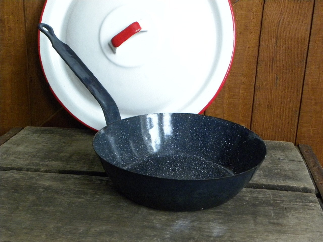 Vintage Frying Pan Dark Blue and white speckled Enamelware