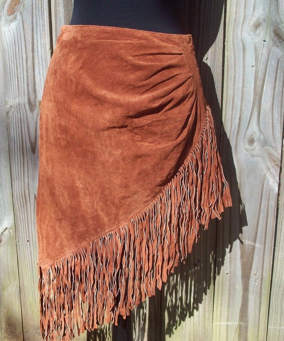 Asymmetrical Suede Western Skirt with Fringe
