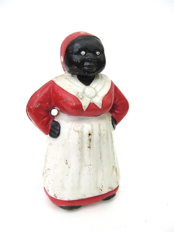 Cast Iron Mammy Bank in Red and White Doorstop Figurine