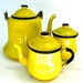 Yellow Enamel Coffee Tea Pot with Cream Pitcher and Sugar Bowl