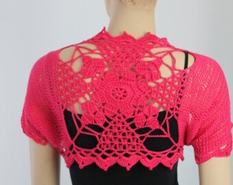Sale 20% OFF Ready to ship Crochet Knit Hot Pink Cotton Mandala Shrug Vest / Size M - L / Fall Summer Fashion
