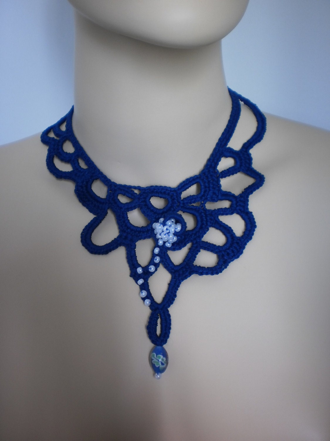 Blue Freeform Crochet Necklace Crochet Jewelry
