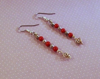 Red Gemstone Earrings with Silver Filigree Drops