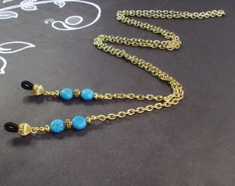 Teal Blue Turquoise Beads and Gold Chain Eye Glass Lanyard For Him or Her
