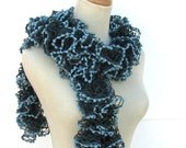 Hand Knit Ruffled Scarf -Teal Green Blue