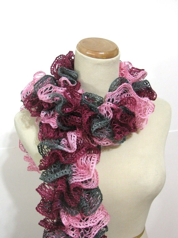 Hand Knit Ruffled Scarf Pink Gray Magenta Hot Pink