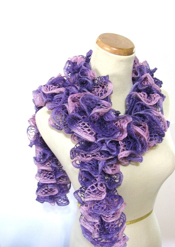 Purple and Pink Hand Knit Ruffled Scarf