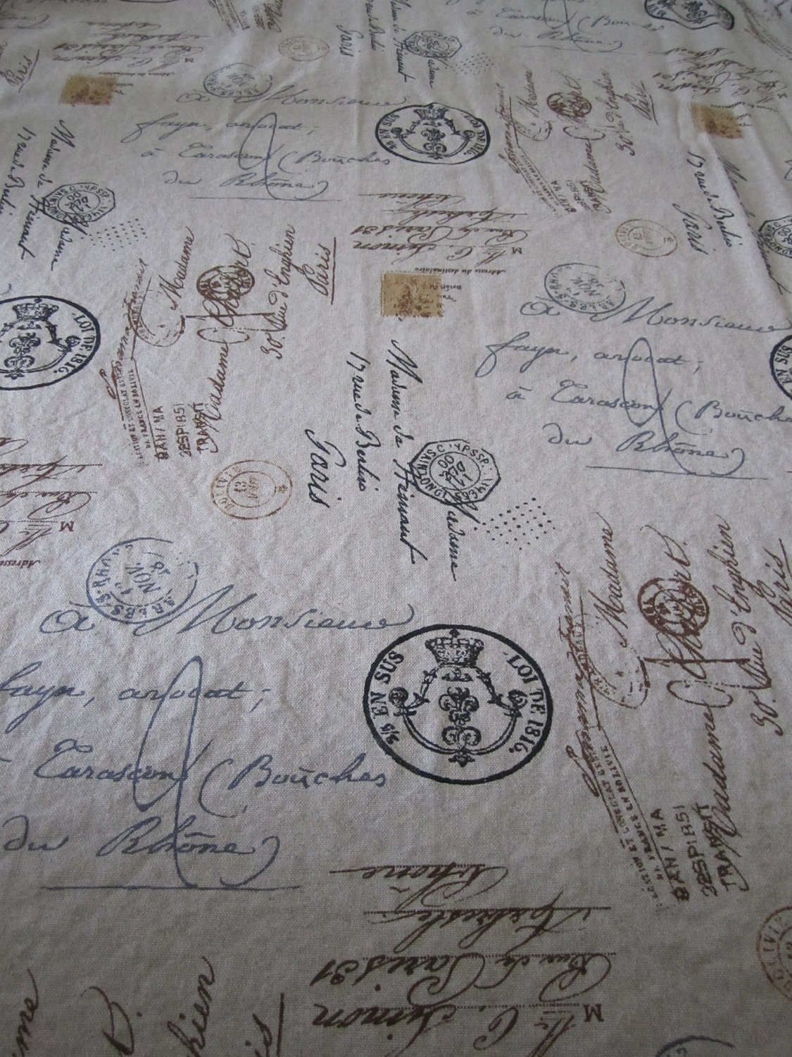 Washed NEW Cotton FABRIC French Words Postmarks 60 in wide