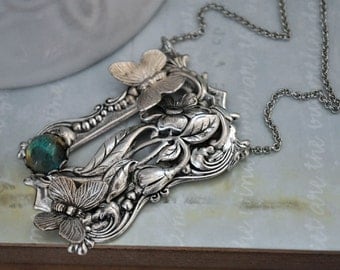 THROUGH the GARDEN WINDOW, antique silver necklace with butterfly and vintage glass jewel
