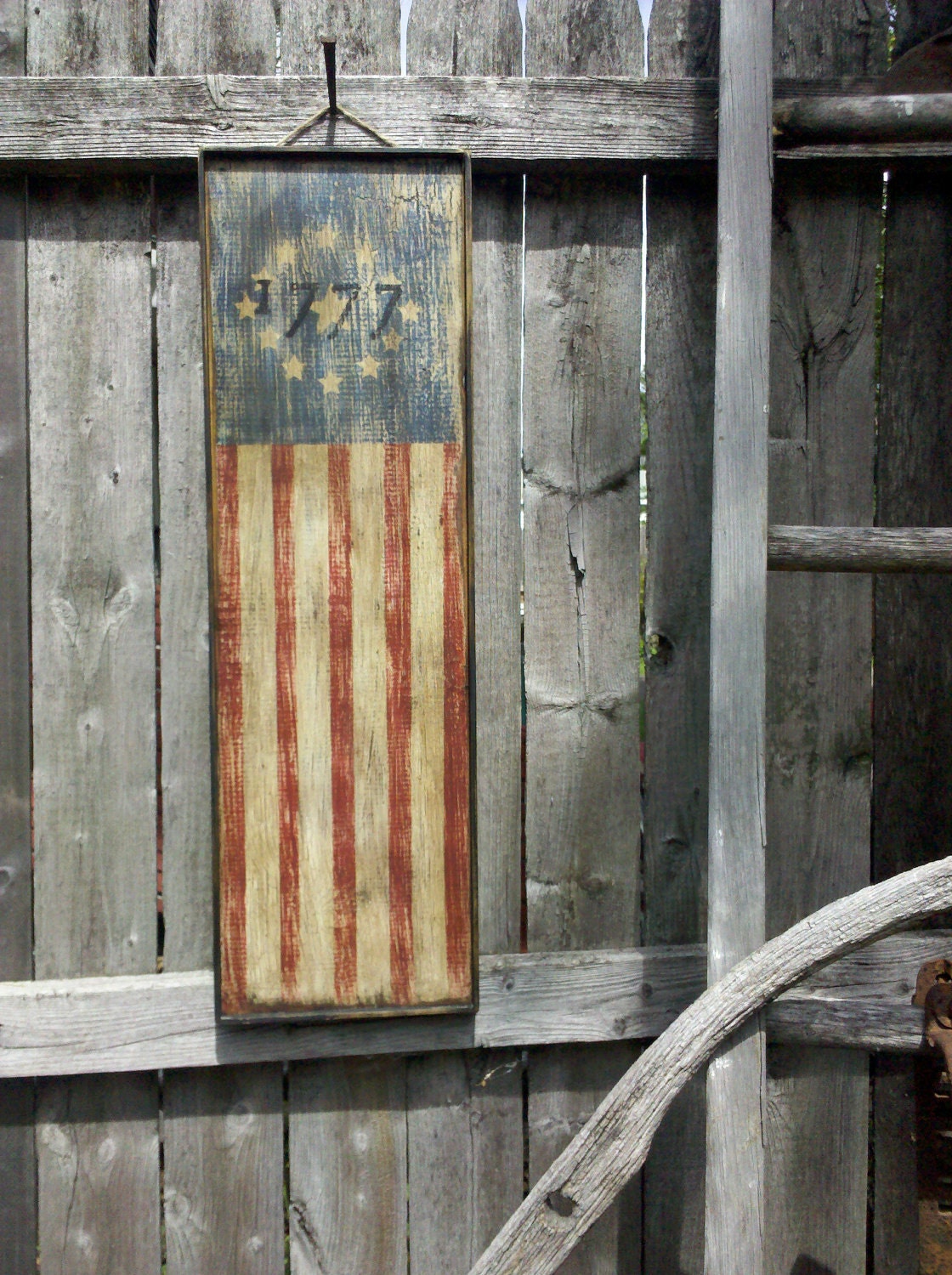 primitive aged 1777 american flag wood sign