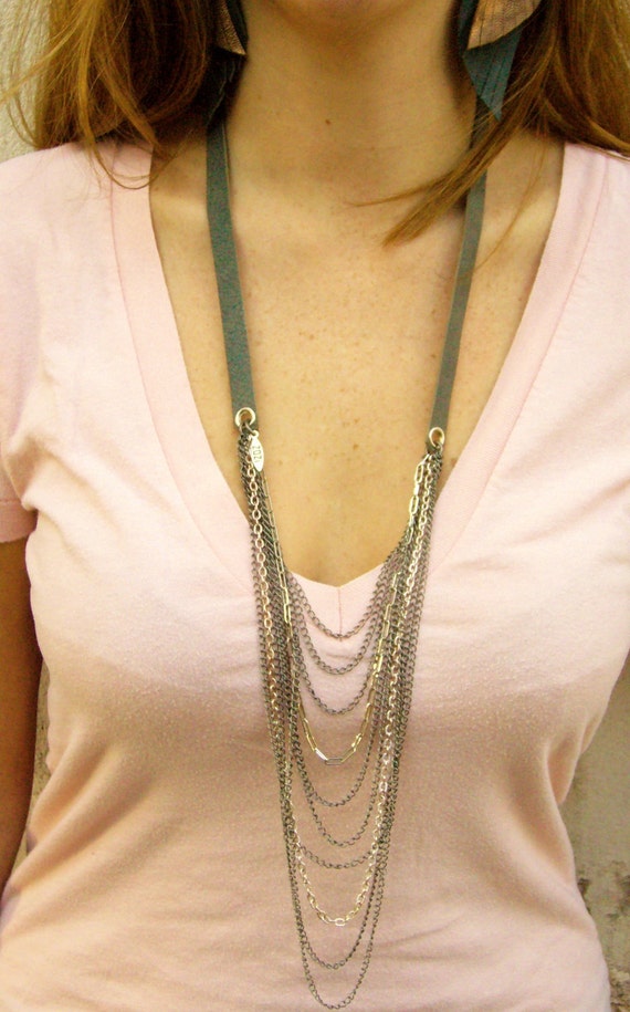 Leather Layered Leather and Metal Long Necklace-Strand Necklace