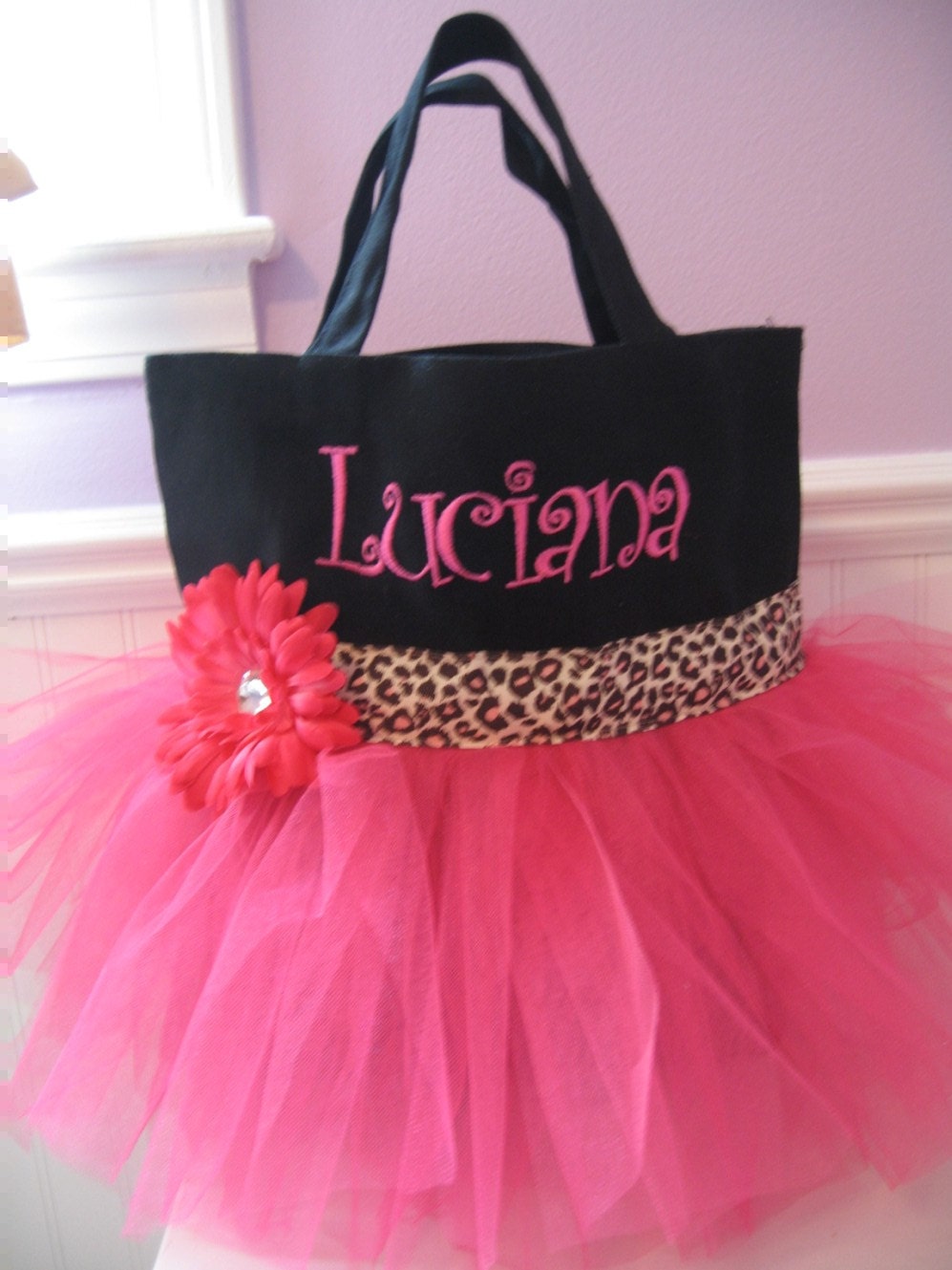 Embroidered Dance Bag Cheetah and Pink Tutu Tote by gkatdesigns