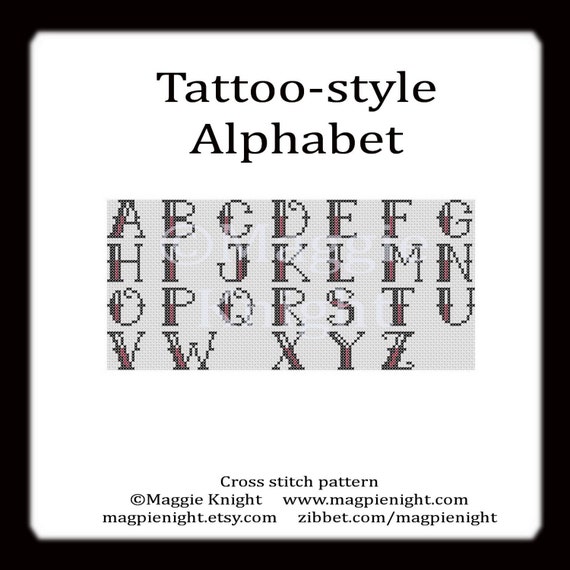 Tattoo-style Alphabet letters PDF cross stitch pattern