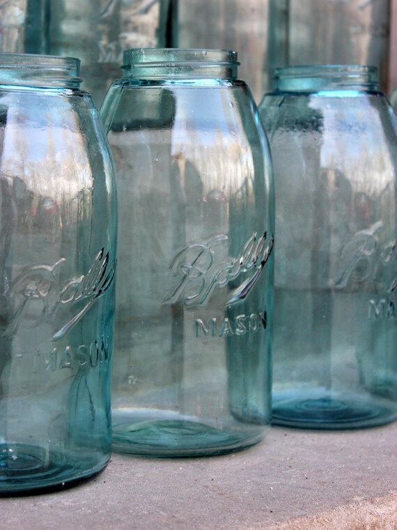 3 Aqua Blue Vintage Ball Half Gallon Mason Jars by TheCherryGrove