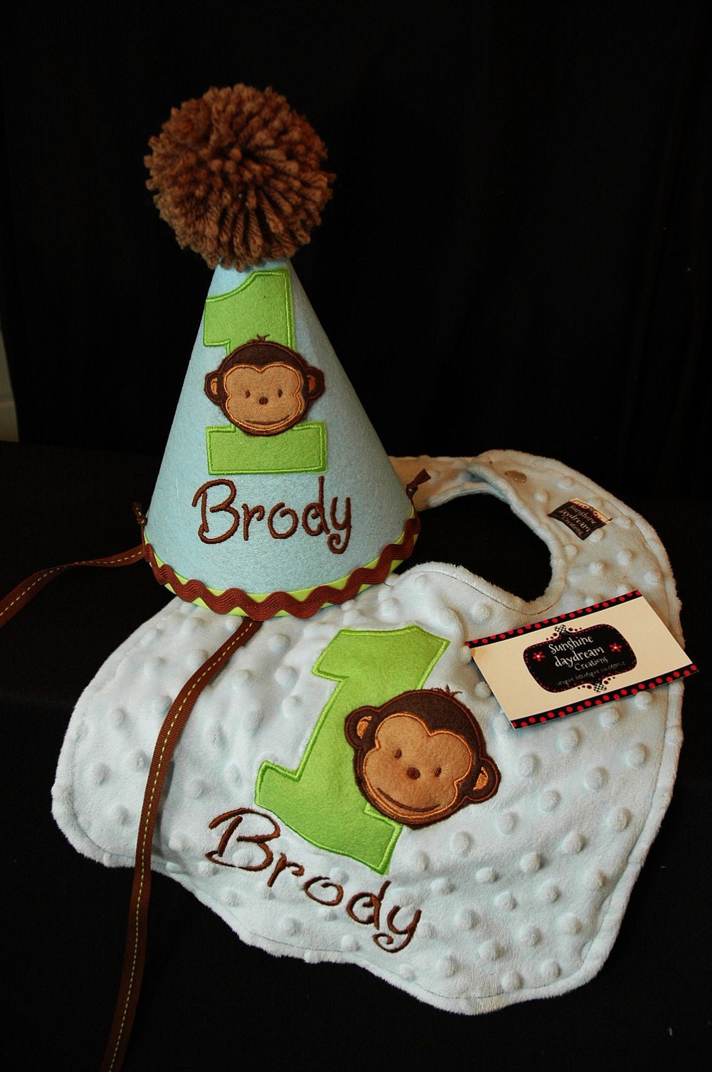 Modern Monkey Boy 1st First Birthday Hat and bib set Light