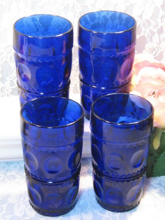 Tiara Kings Crown Thumbprint Cobalt Blue Tumbler Indiana Glass