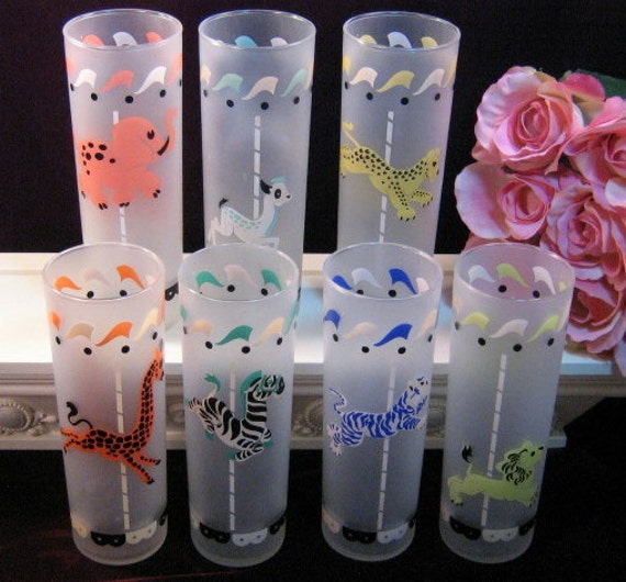 Vintage Libbey Carousel Animal Circus Frosted Glasses Tea