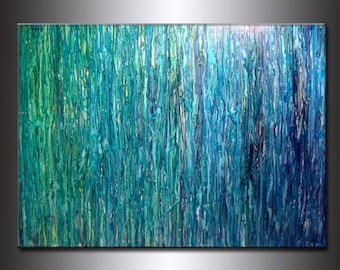 Abstract Painting, Contemporary Fine Art, Modern Blue, Green Abstract by Henry Parsinia Oversize 48X36