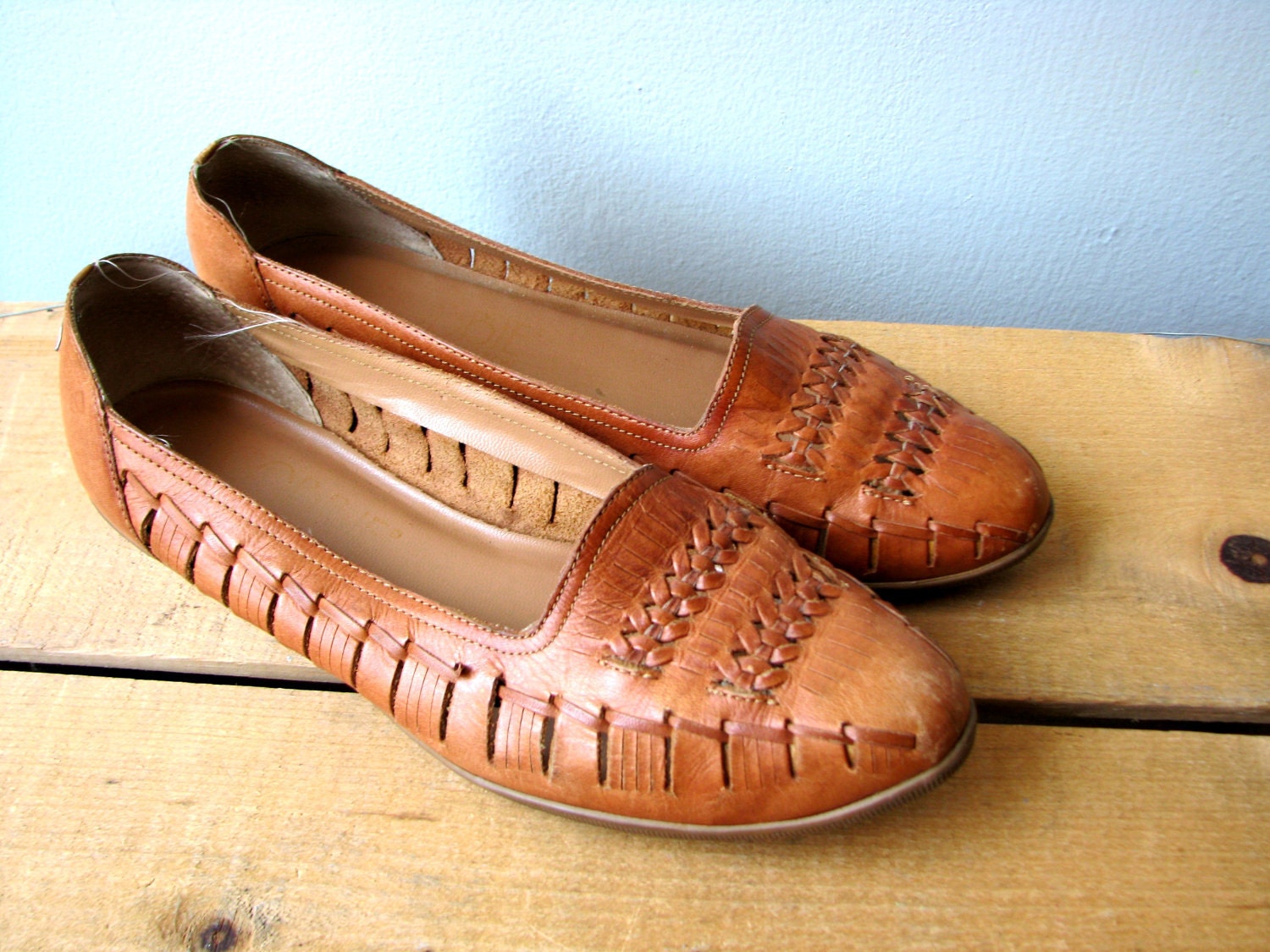 Vintage Chestnut Leather Woven Flats