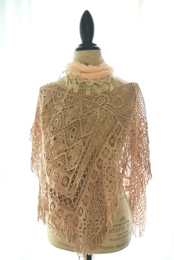 Shabby crochet poncho fringed cape ecru boho bohemian
